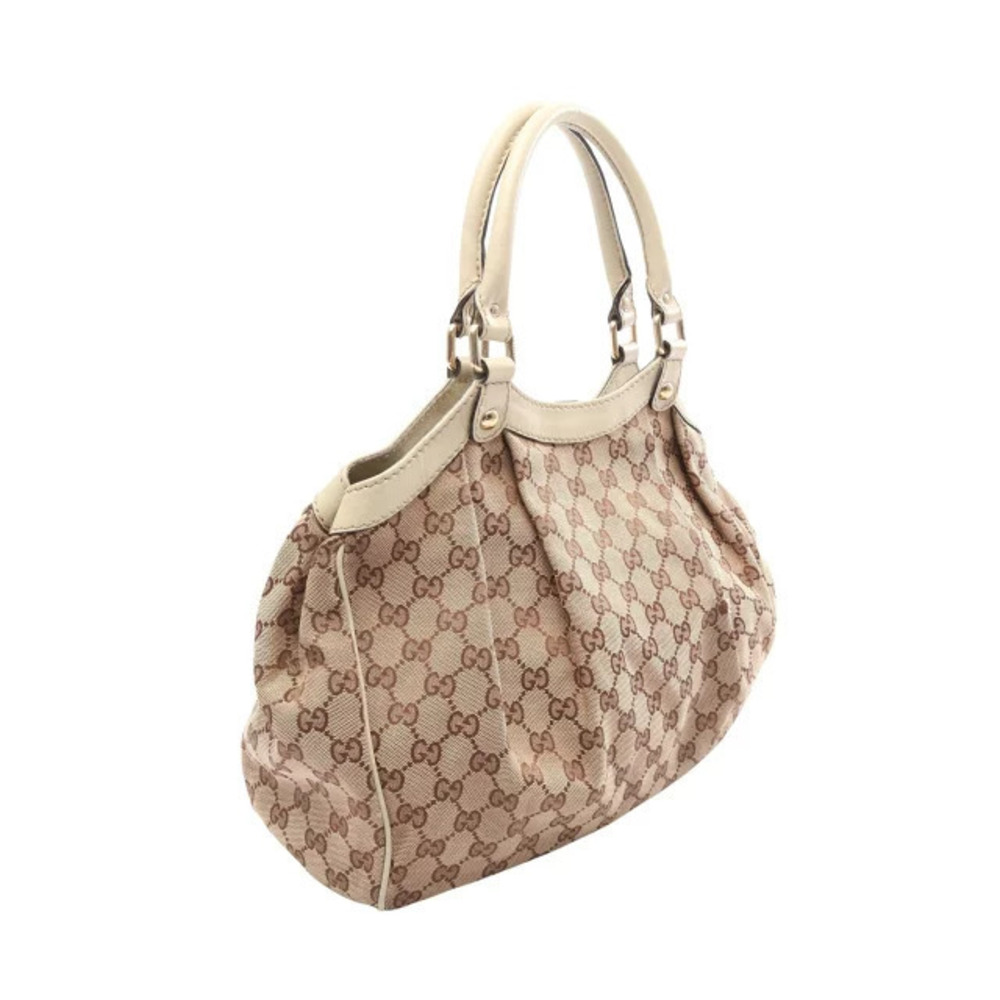 Gucci Canvas Leather Cream Ivory GG Beige White Handbag Sukey White Tan